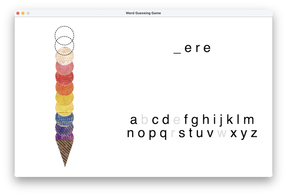 A screenshot of a game underway. Some letters have been filled in but missed guesses have also removed a few scoops.