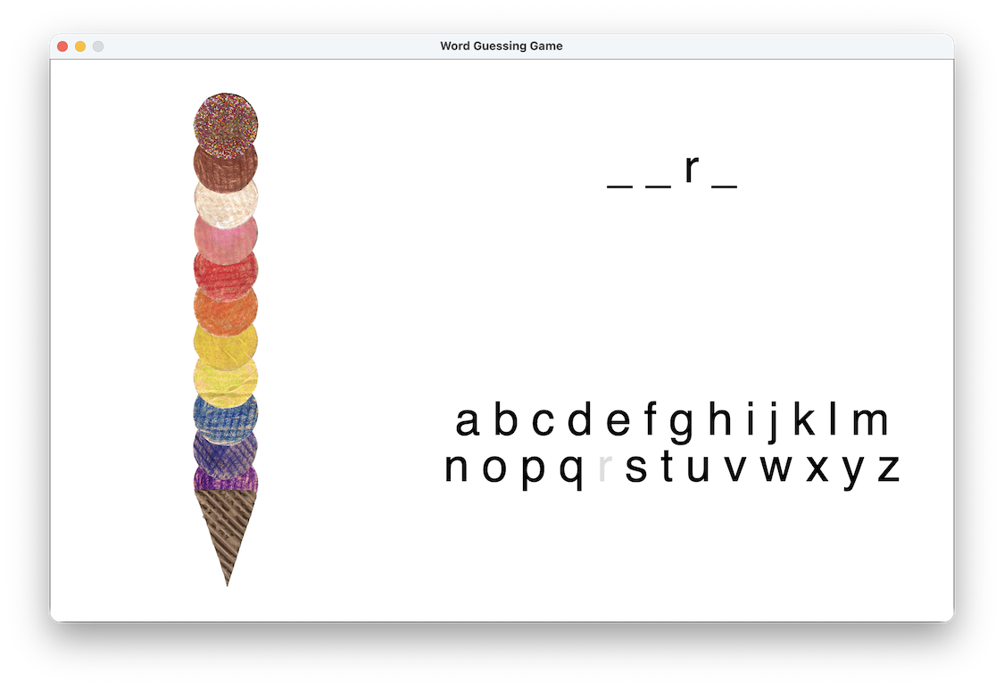 A screenshot of the initial game screen. The word to guess is displayed with a single letter revealed. The cone is full of ice cream scoops.