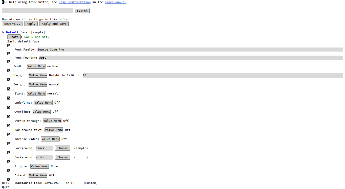 A screenshot of Emacs with the customize-face buffer.