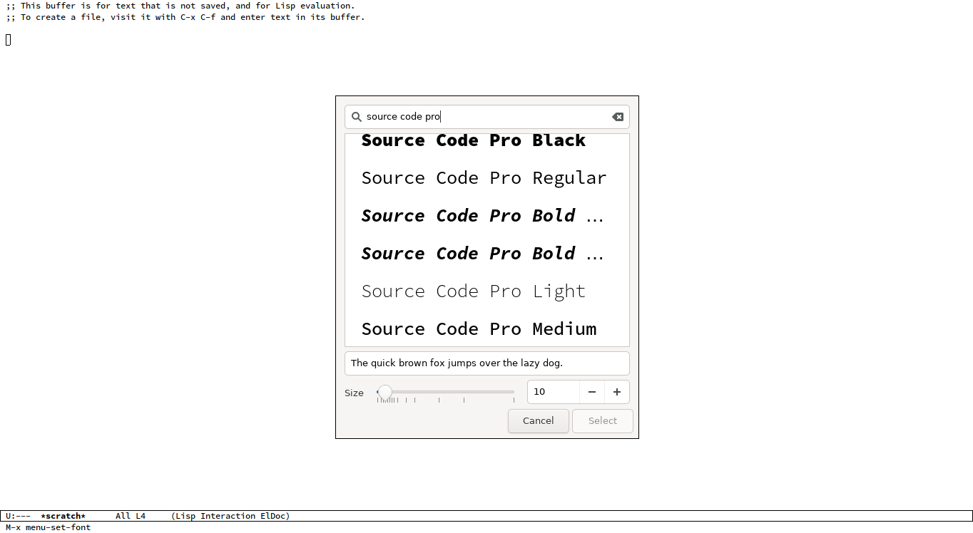A screenshot of Emacs with the menu-set-font popup.